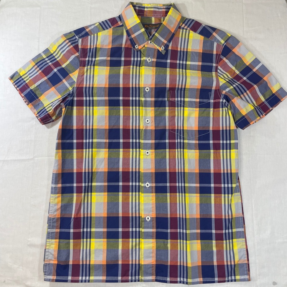 Ben Sherman Mens Mod Fit Plaid Short Sleeve Button Down Shirt Cool Blue Multi M